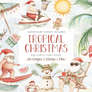 Bundle de cliparts Noël tropical, atelier de Noël aquarelle, usage commercial, clipart, illustrations, chambre de bébé, PNG, clipart Noël