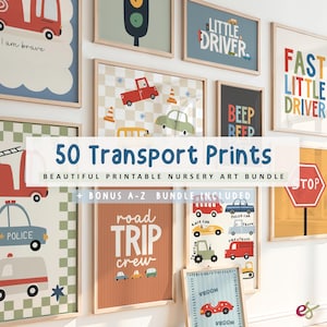May include: A collection of framed wall art prints featuring various transportation themes including cars, trucks, and road signs. The prints display colorful illustrations and text such as Little Driver, Fast Little Driver, Beep Beep, and Road Trip Crew.