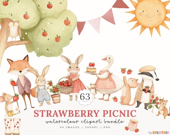 Strawberry Garden Clipart, Watercolour Strawberry Clipart, Goose, Rabbits, Garden Clipart, Whimsical Set, Commercial License Included, PNG