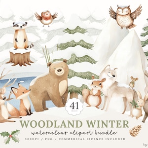 May include: Watercolor clipart bundle featuring woodland winter animals, including a bear, fox, deer, owl, and raccoon. The image includes the text "WOODLAND WINTER watercolour clipart bundle".