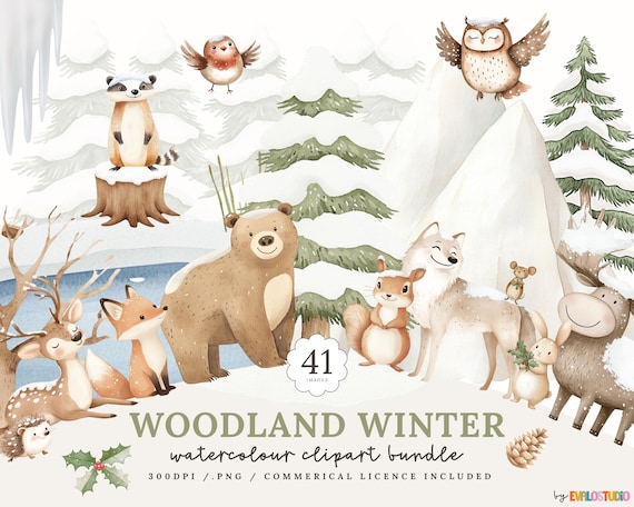 Winter Woodland Animals Watercolor Clipart: Snowy Forest PNG (Commercial License Included