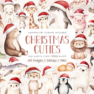 Pacchetto Clipart di Natale, Animali Festivi Acquerello, Uso Commerciale, Illustrazioni Natalizie, Asilo Nido, PNG, Animali Natalizi, Clipart