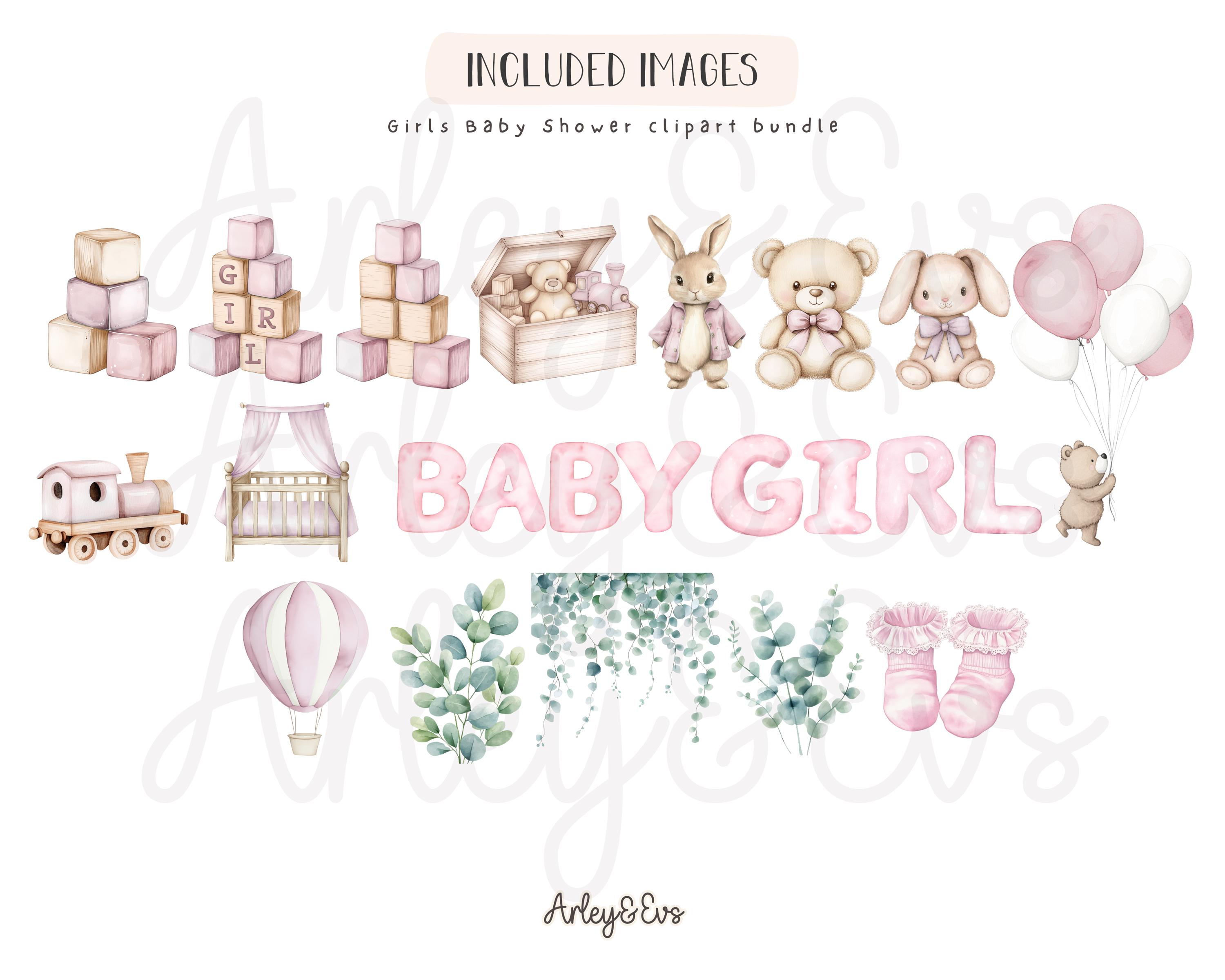 Watercolor Baby Shower Clipart Bundle: Pink & Blue PNG (digital ...