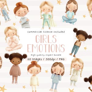 Clipart de emoções infantis, pacote de clipart, aquarela, uso comercial, clipart, PNG, arquivos PNG de rosto infantil, pacote de sentimentos e emoções