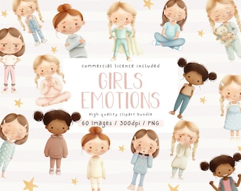 Girls Emotions Clipart: Watercolor Children's Faces (PNG Files)