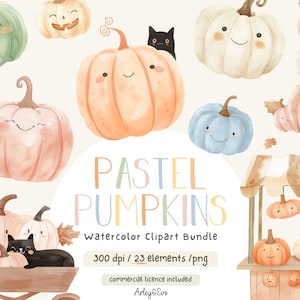 Clipart de Halloween, paquete de clipart de calabaza pastel, calabazas de acuarela, uso comercial, clipart, ilustraciones de calabazas, PNG, arte de Halloween
