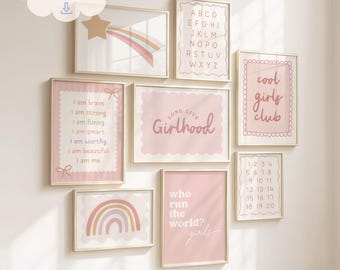 Girls Pink Playroom Prints: Gallery Bundle, Playful Nursery & Kids Room Wall Art (Digital Download)
