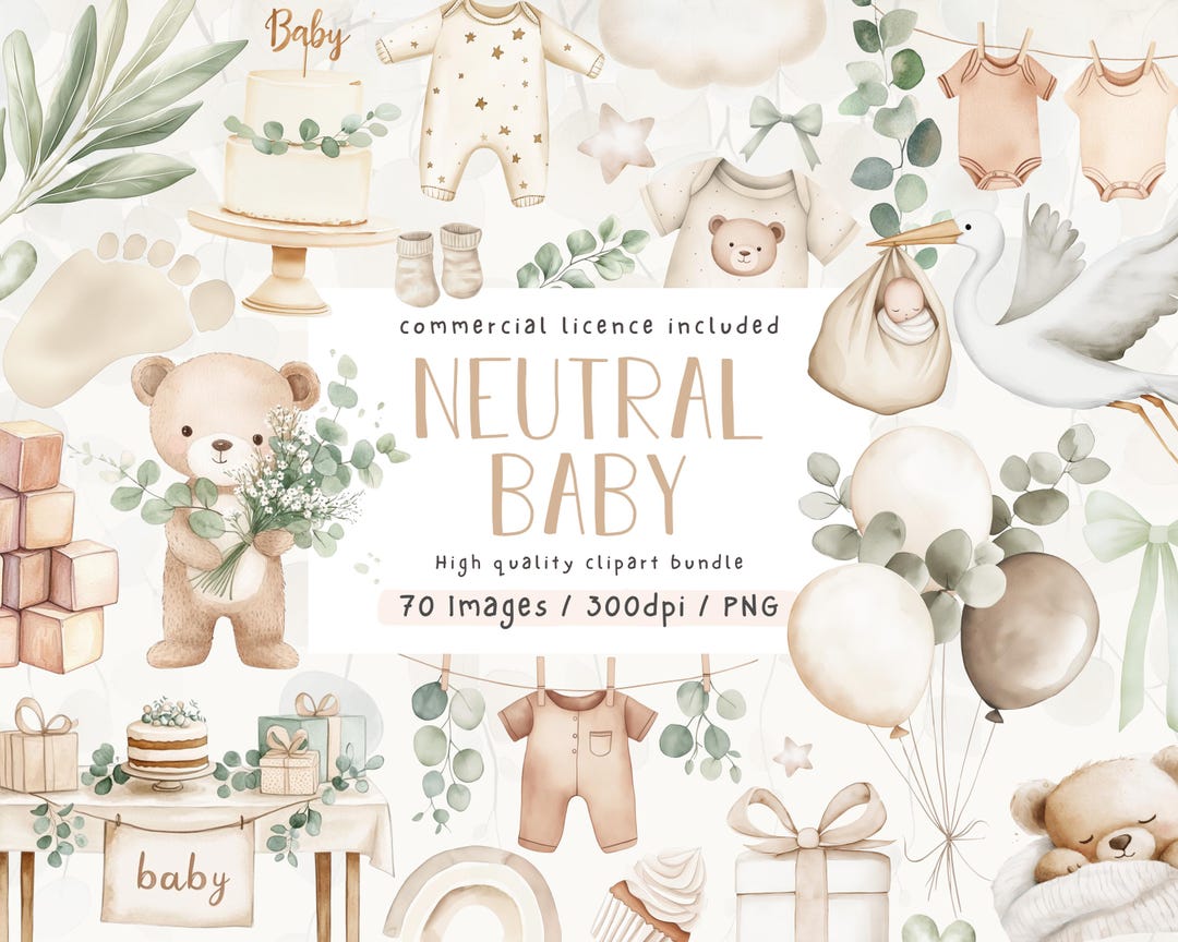 Watercolor Baby Shower Clipart Bundle: Neutral Green, Teddy Bear (PNG ...