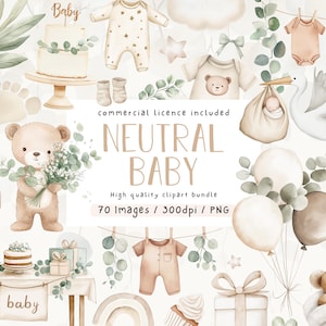 Pacchetto Clipart per Baby Shower, Baby Shower Neutro Acquerello, PNG per Uso Commerciale, Clipart, DOWNLOAD DIGITALE, Baby Shower Verde, Orsacchiotto