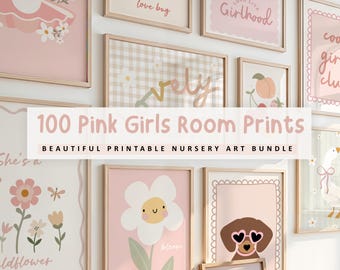 May include: A collection of framed pink nursery art prints. The prints feature illustrations of a ladybug, a daisy with a smiling face, and the text "love bug" and "Girlhood". The text "100 Pink Girls Room Prints" is also visible.