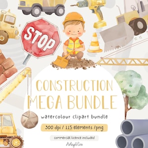 MEGA PAKIET, Pojazdy budowlane, Pakiet clipartów, Akwarela Builders Yard, Zastosowanie komercyjne, Clipart, Budownictwo Cliparr, Przedszkole, PNG