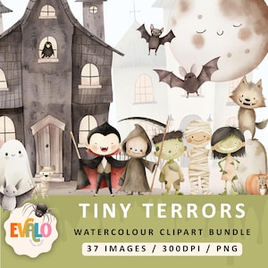 Halloween Clipart, Straszne Postacie Clipart Bundle, Akwarela Halloween, Wykorzystanie Komercyjne, Clipart, Ilustracje Kostiumów, PNG, Halloween