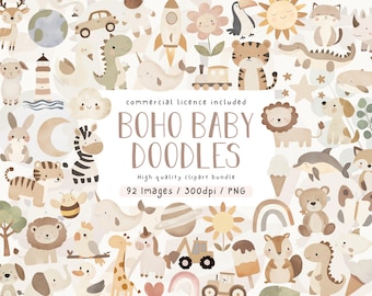 Boho Nursery Animal Clipart: Watercolor Beige Doodles (92 PNG)