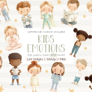 Clipart di emozioni per bambini, pacchetto di clipart, acquerello, uso commerciale, clipart, PNG, file PNG di volti di bambini, pacchetto di sentimenti ed emozioni