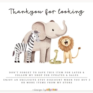 May include: A watercolour illustration of a zebra, elephant, lion, and snake. The text "Thank you for looking" is at the top. Additional text encourages saving the item and following the shop for updates and sales.