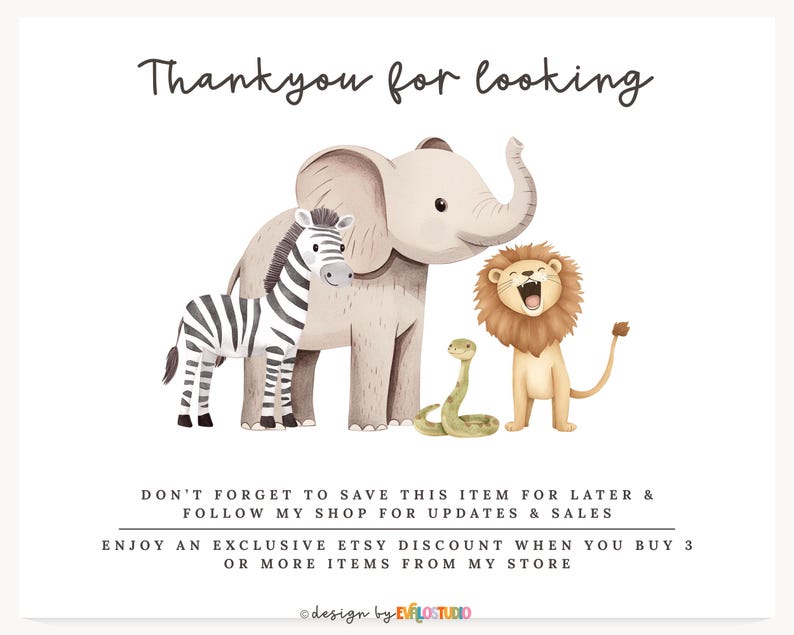 May include: A watercolour illustration of a zebra, elephant, lion, and snake. The text "Thank you for looking" is at the top. Additional text encourages saving the item and following the shop for updates and sales.