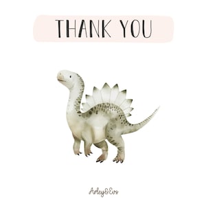 May include: A watercolor illustration of a dinosaur with a spiky back and a long neck. The dinosaur is light gray with darker gray spots. Above the dinosaur is a banner that says "THANK YOU".