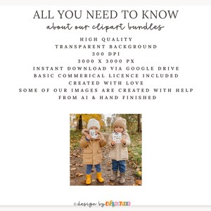 May include: A digital art graphic with the text "ALL YOU NEED TO KNOW about our clipart bundles". The image includes two children wearing winter coats and holding cards. The text also mentions "HIGH QUALITY" and "TRANSPARENT BACKGROUND".