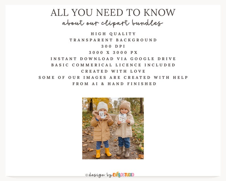 May include: A digital art graphic with the text "ALL YOU NEED TO KNOW about our clipart bundles". The image includes two children wearing winter coats and holding cards. The text also mentions "HIGH QUALITY" and "TRANSPARENT BACKGROUND".