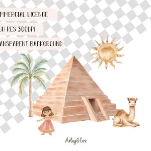 May include: Watercolor illustration featuring an Egyptian theme. The image includes a pyramid, a palm tree, a sun, a camel, and a girl in a pink dress. The text at the top reads "COMMERCIAL LICENCE", "HIGH RES 300DPI", and "TRANSPARENT BACKGROUND".
