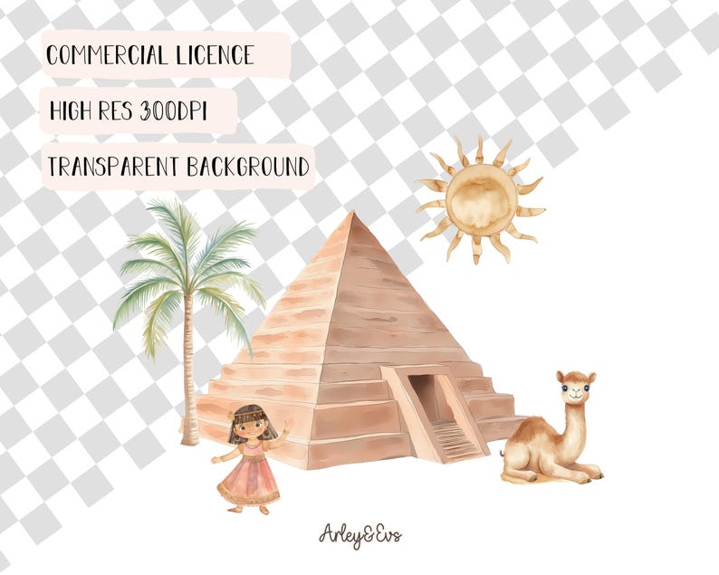 May include: Watercolor illustration featuring an Egyptian theme. The image includes a pyramid, a palm tree, a sun, a camel, and a girl in a pink dress. The text at the top reads "COMMERCIAL LICENCE", "HIGH RES 300DPI", and "TRANSPARENT BACKGROUND".