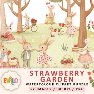 Clipart jardin aux fraises, aquarelle fraise, oie, lapins, clipart jardin, ensemble fantaisiste, licence commerciale incluse, PNG