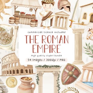 Puede incluir: Ilustraciones en acuarela de elementos del Imperio Romano, incluyendo un Coliseo, un soldado romano, un caballo y un escudo. El texto "THE ROMAN EMPIRE" se muestra en una fuente decorativa, con las palabras "commercial licence included" encima.