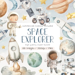 宇宙クリップアート セット、クリップアート バンドル、水彩宇宙、商用利用、クリップアート、太陽系、宇宙保育園、PNG、宇宙イラスト バンドル