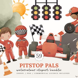 Może przedstawiać: Pakiet clipartów akwarelowych "Pitstop Pals" z ilustracjami samochodów wyścigowych, kierowców, flag w szachownicę, świateł drogowych i słońca. Pakiet zawiera 59 obrazów z licencją komercyjną.