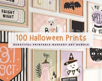 May include: A collection of framed Halloween-themed prints. The prints feature various spooky designs, including ghosts, bats, cats, and the text "Spooky" and "Real". The prints are in a variety of colors, including orange, black, and pink. The text "100 Halloween Prints" is also visible.