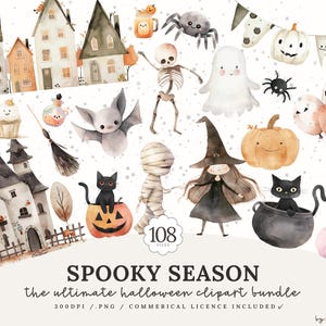 Peut inclure: Illustrations à l'aquarelle sur le thème d'Halloween, comprenant des maisons, un squelette, des fantômes, des citrouilles, des chauves-souris, des araignées, une sorcière et des chats noirs. Le texte indique "Spooky Season" et "the ultimate Halloween clipart bundle".