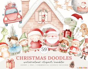 Watercolour Christmas Clipart,  Christmas Doodles, Commercial Use, Clipart, Festive Doodles Illustrations, Nursery, PNG, Christmas Clipart