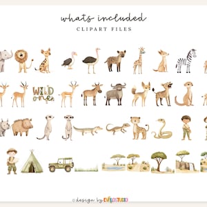 May include: A collection of watercolour clipart featuring safari animals such as elephants, lions, and giraffes. The set includes the phrase "Wild One", a tent, a jeep, and two children in safari outfits. The text "whats included" is at the top of the image.