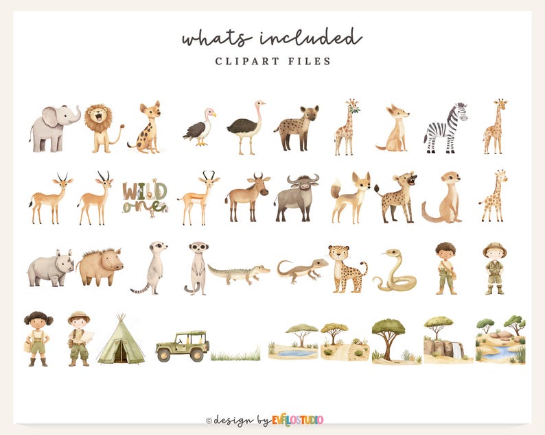 May include: A collection of watercolour clipart featuring safari animals such as elephants, lions, and giraffes. The set includes the phrase "Wild One", a tent, a jeep, and two children in safari outfits. The text "whats included" is at the top of the image.