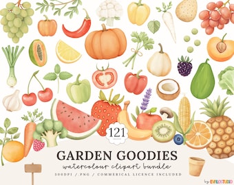 Watercolor Fruits & Vegetables Clipart Bundle: Garden Produce Illustrations (PNG, Commercial Licence)