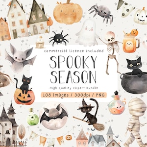 Pacchetto di clipart di Halloween, Halloween ad acquerello, uso commerciale, clipart, illustrazioni di Halloween, cameretta dei bambini, PNG, clipart di Halloween, mega set