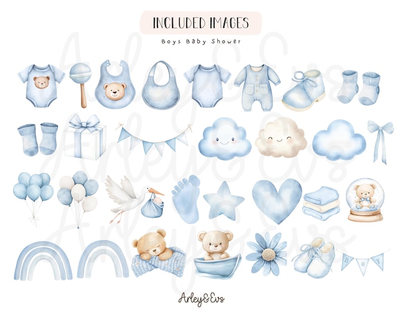 Watercolor Baby Shower Clipart Bundle: Pink & Blue PNG (digital ...