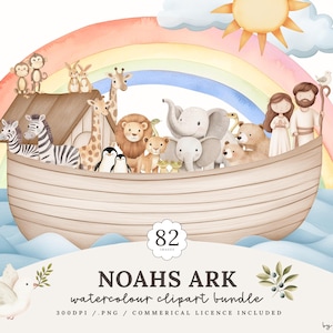 May include: Watercolor illustration of Noah's Ark with pairs of animals, a rainbow, sun, and a dove. The ark is filled with giraffes, lions, elephants, zebras, penguins, and other animals. The text "NOAHS ARK watercolour clipart bundle" is at the bottom.