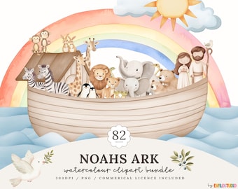 Noah&#39;s Ark Clipart Bundle: Watercolor Animals, Nursery Decor (PNG)