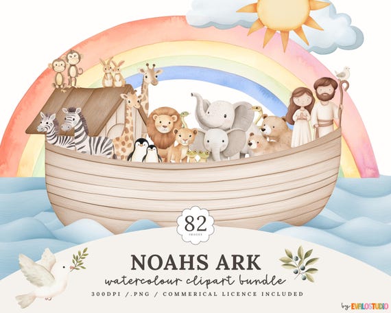 Noah's Ark Clipart Bundle: Watercolor Animals, Nursery Decor (PNG)