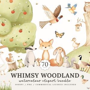 May include: Watercolor clipart bundle featuring whimsical woodland animals, including a fox, rabbit, owl, and deer. The image includes trees with apples, birds, and the text "Whimsy Woodland". 70 images are included.
