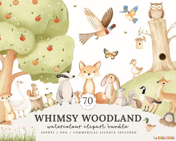 Watercolor British Wildlife Clipart: Forest Animals PNG (Commercial License Included)