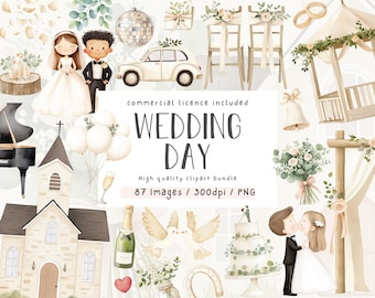 May include: Watercolor clipart bundle with a wedding theme. Includes illustrations of a bride and groom, wedding cake, church, champagne bottle, doves, and other wedding-related elements. Text reads "WEDDING DAY".