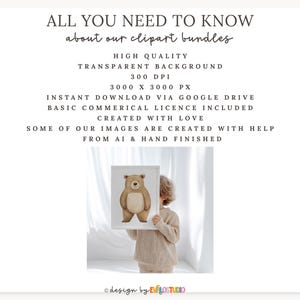 May include: A framed watercolor illustration of a bear is held by a person. The bear is brown with a cream-colored belly. Text at the top reads "ALL YOU NEED TO KNOW about our clipart bundles". Additional text describes the clipart bundles.