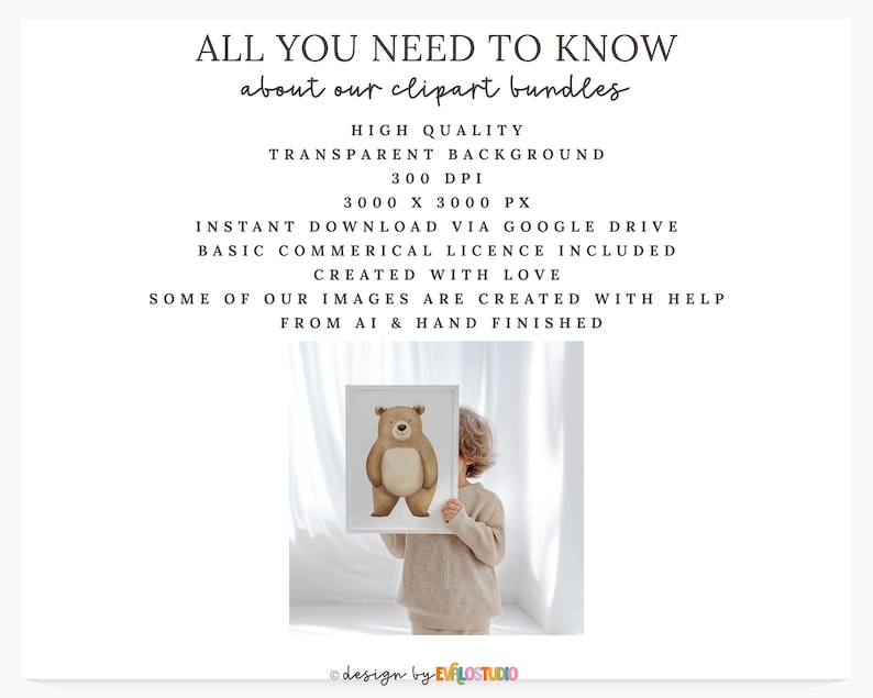 May include: A framed watercolor illustration of a bear is held by a person. The bear is brown with a cream-colored belly. Text at the top reads "ALL YOU NEED TO KNOW about our clipart bundles". Additional text describes the clipart bundles.