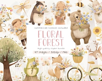 Pacchetto di clipart di animali del bosco ad acquerello: illustrazioni floreali per vivaio (PNG)