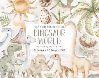 Watercolor Dinosaur Clipart Bundle: Boho Nursery PNG (Commercial Use)