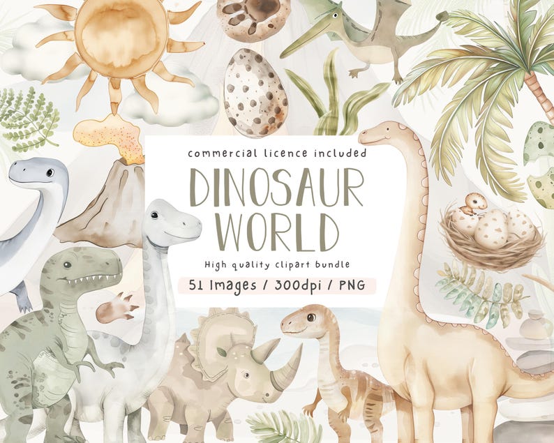 May include: Watercolor illustration featuring various dinosaurs, a volcano, sun, clouds, and palm trees. The text "DINOSAUR WORLD" is displayed, along with details about the clipart bundle, including the number of images and resolution.