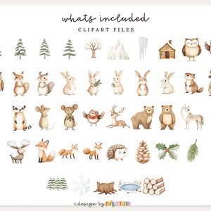 May include: Watercolor clipart set featuring woodland animals, trees, and winter elements. Includes owls, rabbits, foxes, bears, and other forest creatures. The text "whats included" and "clipart files" is at the top of the image.