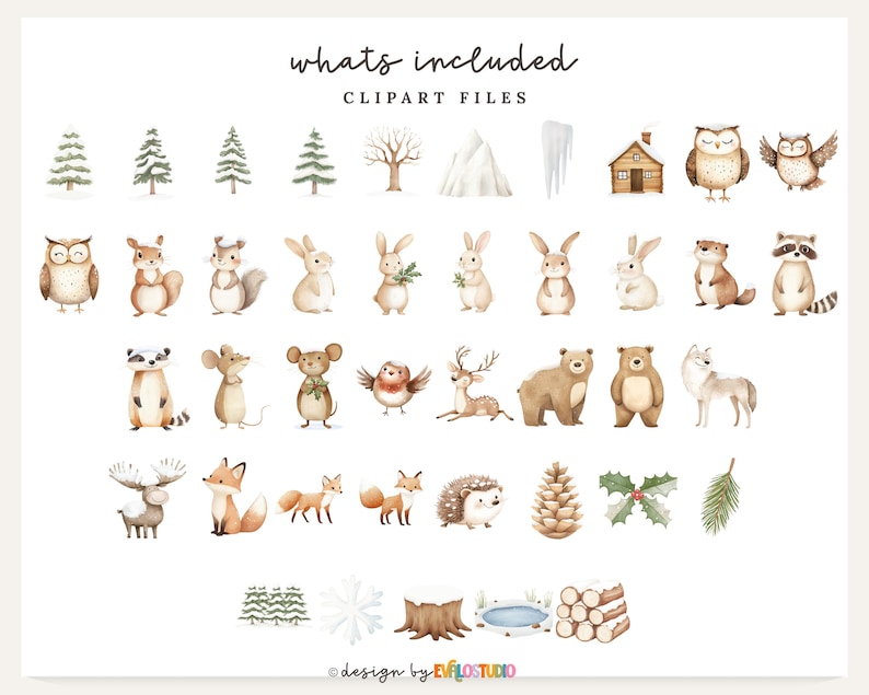 May include: Watercolor clipart set featuring woodland animals, trees, and winter elements. Includes owls, rabbits, foxes, bears, and other forest creatures. The text "whats included" and "clipart files" is at the top of the image.